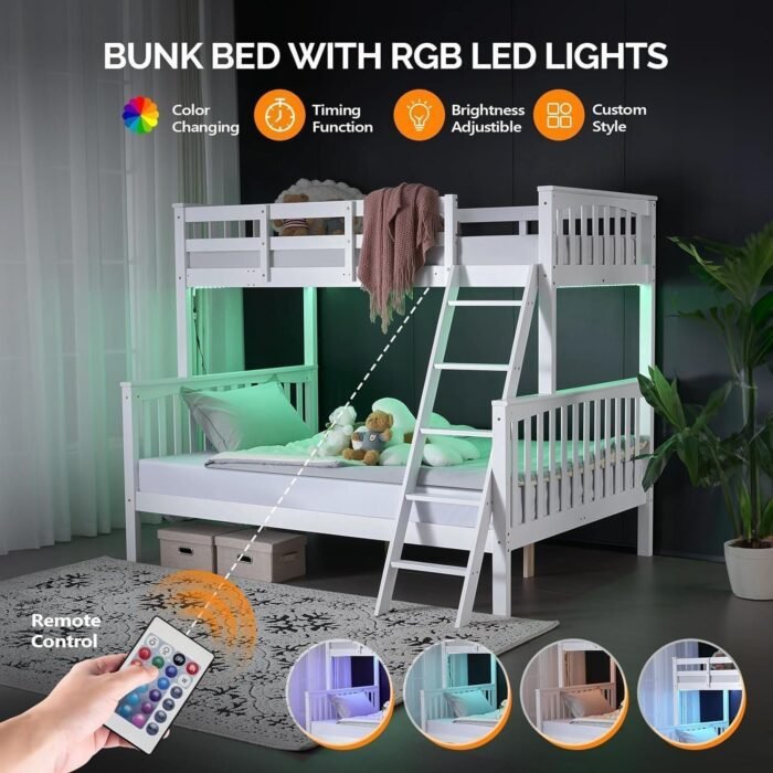 Bunk Bed Twin Over Full Size with LED Light/USB Port/15’’ Extra Tall Safety Guardrails, Convertible into a Twin Loft Bed