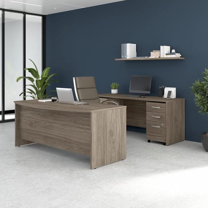 Front Desk and Credenza with Mobile File Cabinets, 72W x 36D, Modern Hickory