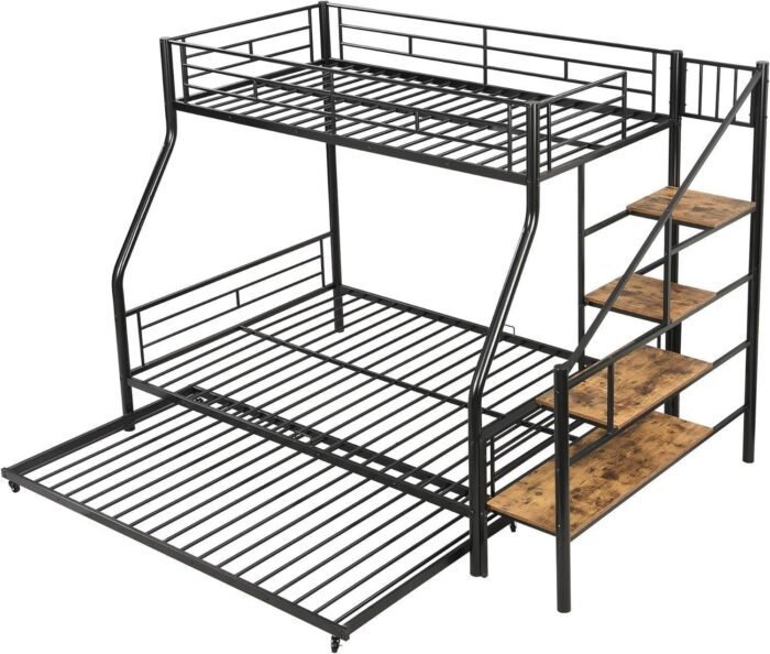 Twin Over Full Metal Bunk Beds with Trundle,Heavy-Duty Metal Bunk Bed Frame with Storage Staircase for Kids, Black