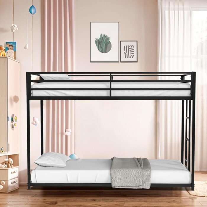 Bunk Bed Twin Over Twin, Heavy Duty Metal Low Bunkbeds with Ladder and Full-Length