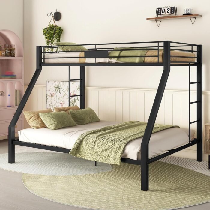 Twin Over Queen Size Metal Bunk Bed for Adults,Heavy-Duty Bunk Bed with 2 Ladders