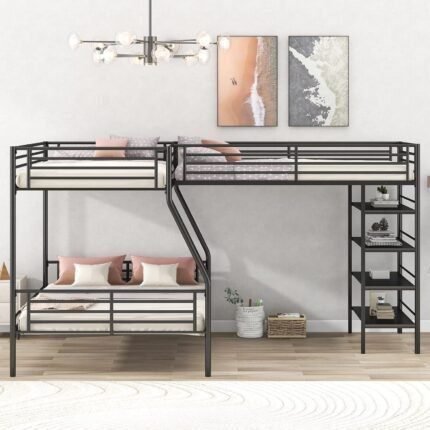 L-Shaped Metal Bunk Beds for 3, Twin Over Full Bunkbed Attach with Twin Size Loftbed with Four Built-in Shelves, for Kids Teens Bedroom