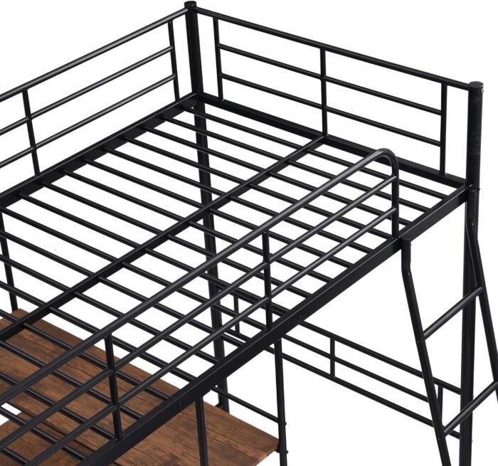 Metal Twin Loft Bed with Desk and Storage, Heavy Duty Loft Bed Twin Size Loft Bed with L-Shaped Desk and Guardrails