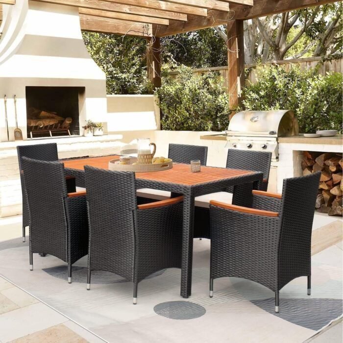 7 Piece Patio Dining Set Outdoor Acacia Wood Table and Chairs with Soft Cushions Wicker Patio Furniture for Deck