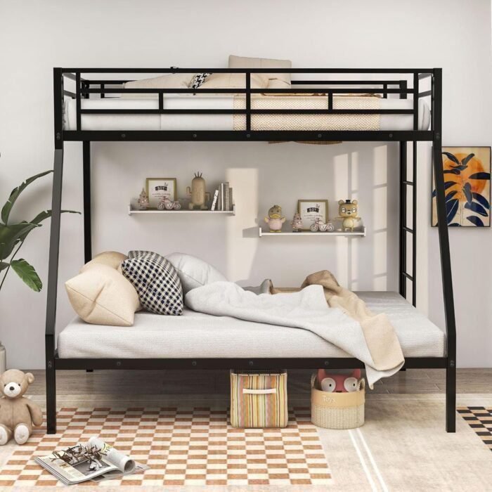 Bunk Bed Twin Over Full Size, Metal Bunk Bed with Ladder and Steel Frame Support, Space-Saving Triple Bunk Bed