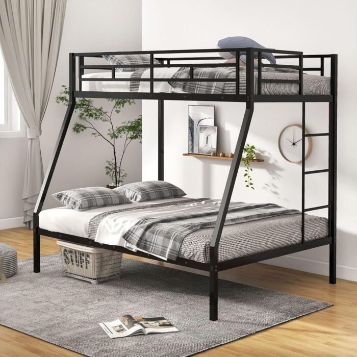 Bunk Bed Twin Over Full Size, Metal Bunk Bed with Ladder and Steel Frame Support, Space-Saving Triple Bunk Bed