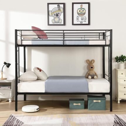 Metal Bunk Beds for Kids & Youths, Twin Over Twin Bunk Bedframe with 2 Ladders and Full-Length Guardrail