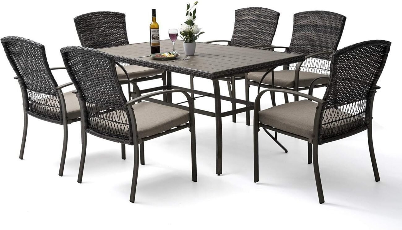 7 Piece, Outdoor Wicker Furniture Set for Backyard Garden Deck Poolside/Iron Slats Table Top, Removable Cushions