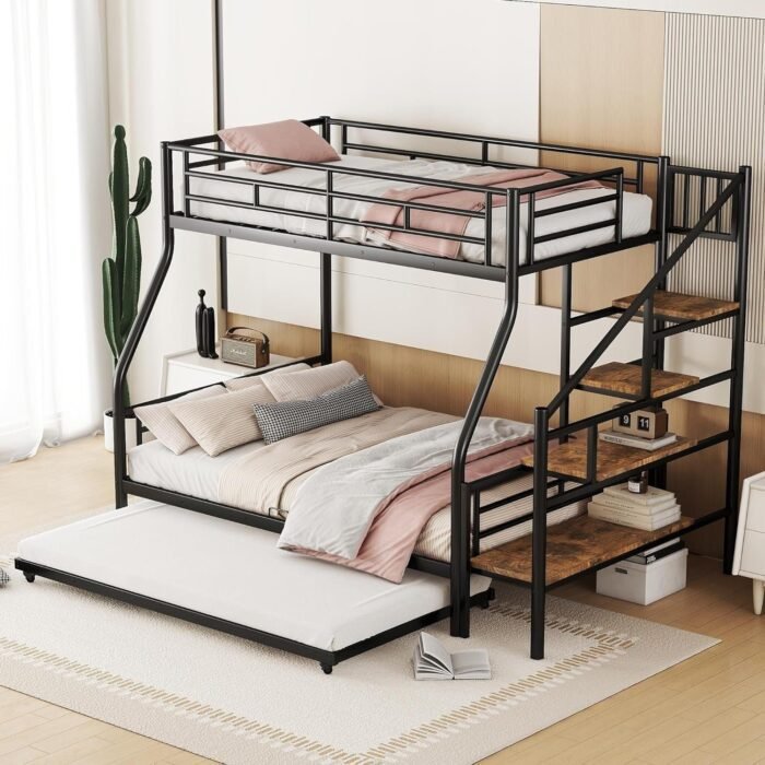 Twin Over Full Metal Bunk Beds with Trundle,Heavy-Duty Metal Bunk Bed Frame with Storage Staircase for Kids, Black