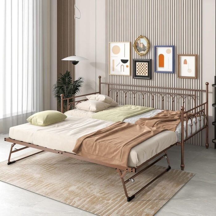 Metal Day Bed with Trundle Bed Twin Daybed with Trundle Twin Size, Space Saving Daybed with Pop Up Trundle Bed Frame