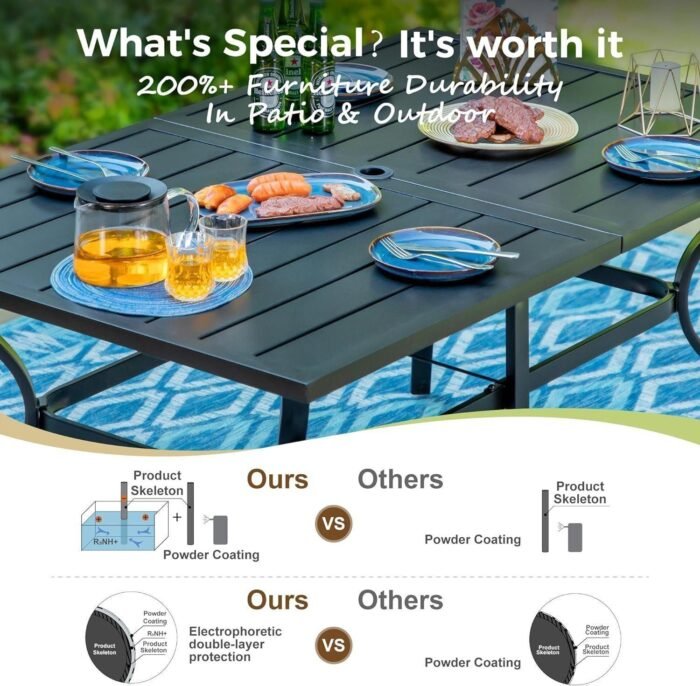 Dining Set 7 Piece Outdoor Furniture Set with 6 Brown Textilene Chairs and Metal Rectangular Table for Deck Garden Backyard Lawn Poolside  Patio