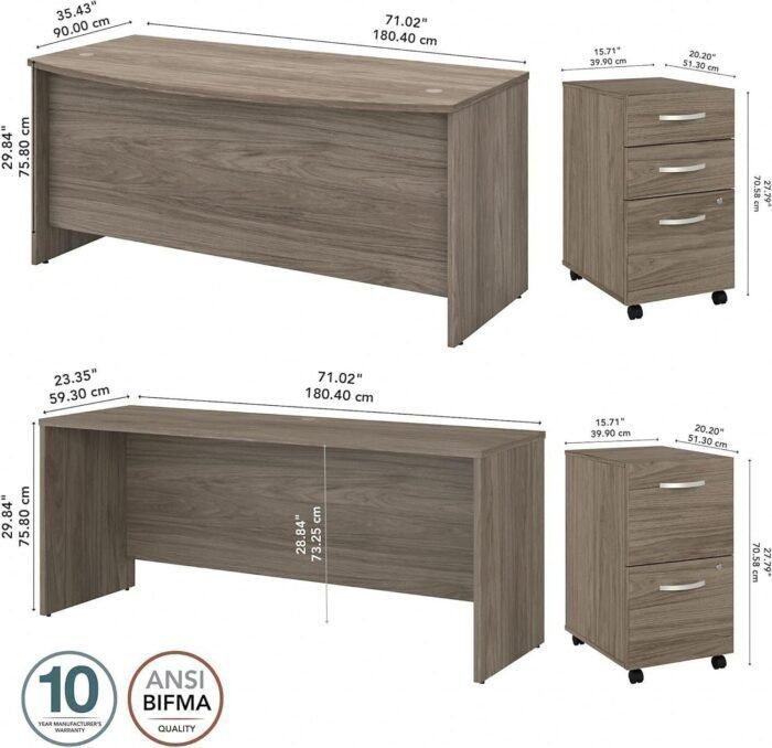 Front Desk and Credenza with Mobile File Cabinets, 72W x 36D, Modern Hickory