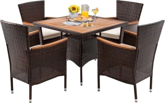 5 piece Patio Wicker Dining Sets for 4, Water-Resistant Rattan outdoor dining Table and 4 Chairs with Wood Table Top