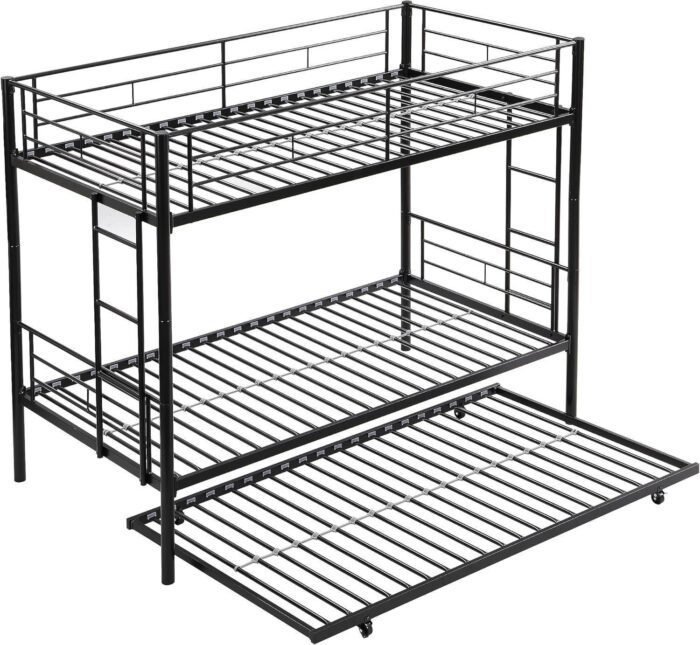 Twin Over Twin Bunk Bed with Trundle, Two Side Ladders & Guard Rails, No Box Spring Needed