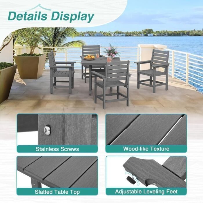 Table and Chairs Set 5 Pieces, HDPE Weather Resistant Outdoor Dining Set with 1.95" Umbrell Hole