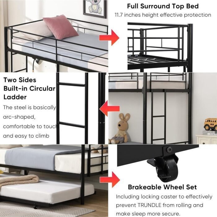 Twin Over Twin Bunk Bed with Trundle, Two Side Ladders & Guard Rails, No Box Spring Needed