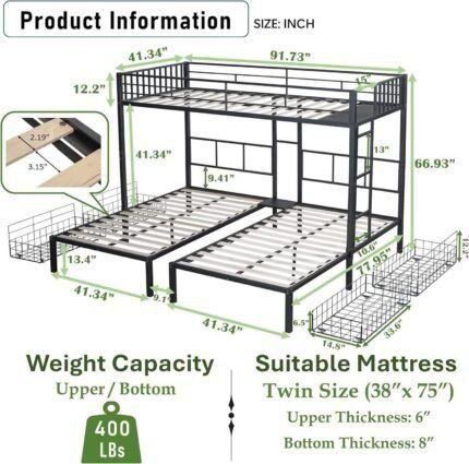 Twin Size Metal Triple Bunk Bed with Drawers, Twin Over Twin & Twin Triple Bunk Beds for 3 Kids