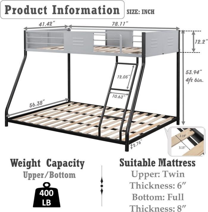 Metal Twin Over Full Bunk Bed, Heavy-Duty Sturdy Metal Frame with Safety Low Bunk Beds for Kids, Teens