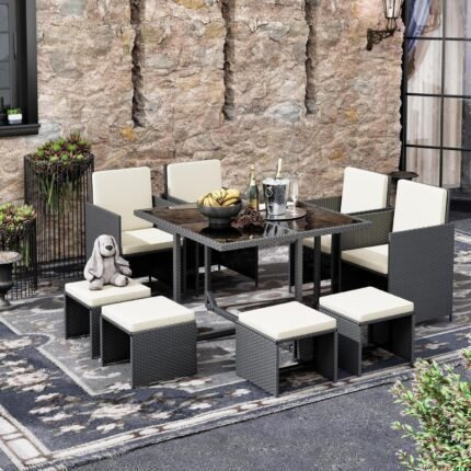 9 Pieces Patio Dining Sets Outdoor Conversation Sets, Space Saving Wicker Chairs with Glass Table and Ottomans