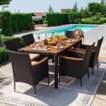 Dining 7 PCS Furniture, Patio Conversation Set with Acacia Wood Table Top, Rattan Outdoor, Black  Patio