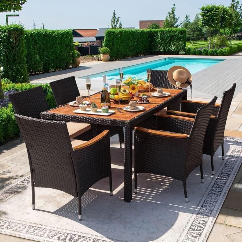 Dining 7 PCS Furniture, Patio Conversation Set with Acacia Wood Table Top, Rattan Outdoor, Black  Patio