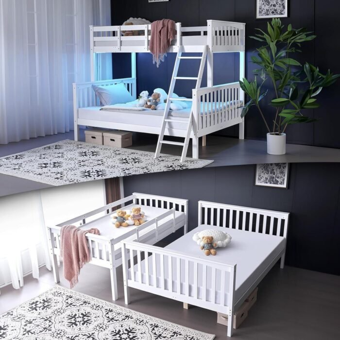 Bunk Bed Twin Over Full Size with LED Light/USB Port/15’’ Extra Tall Safety Guardrails, Convertible into a Twin Loft Bed