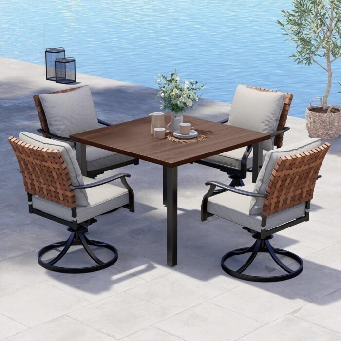 5-Piece Outdoor Dining Set, 4 Leather-look Wicker Swivel Patio Chairs & 1 Square Woodgrain Dining Table