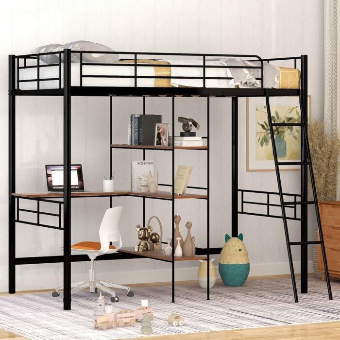 Metal Twin Loft Bed with Desk and Storage, Heavy Duty Loft Bed Twin Size Loft Bed with L-Shaped Desk and Guardrails