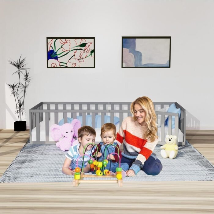 Twin Size Floor Bed for Kids, Wood Montessori Floor Beds with Guardrails  Detachable Door