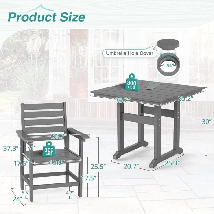 Table and Chairs Set 5 Pieces, HDPE Weather Resistant Outdoor Dining Set with 1.95" Umbrell Hole