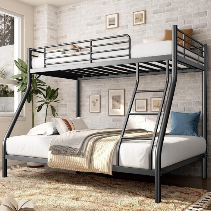 Bunk Beds Twin Over Full Size, Metal Bunk Bed Frame with Angled Ladder for Kids, Teens and Adults, for Small Spaces