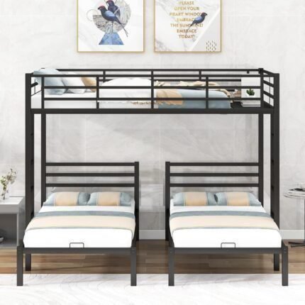 Metal Triple Bunk Bed, Full Over Twin & Twin Size Bunk Bed with Built-in Shelf and Ladder, 3 Bunk Beds for Kids Teens Adults