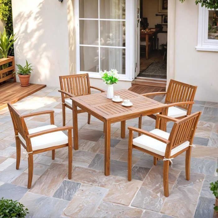 5 Piece Outdoor Dining Set Acacia Wood Patio Table and Chairs with Soft Cushions Patio Furniture for Deck