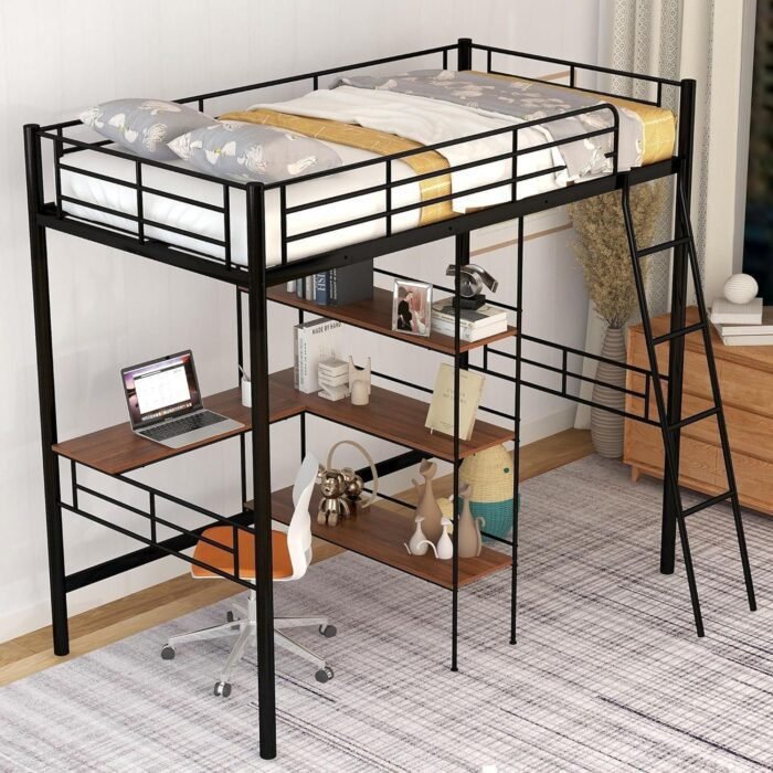 Metal Twin Loft Bed with Desk and Storage, Heavy Duty Loft Bed Twin Size Loft Bed with L-Shaped Desk and Guardrails