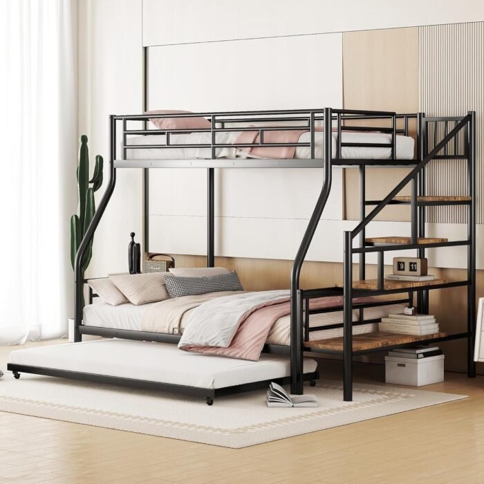 Twin Over Full Metal Bunk Beds with Trundle,Heavy-Duty Metal Bunk Bed Frame with Storage Staircase for Kids, Black