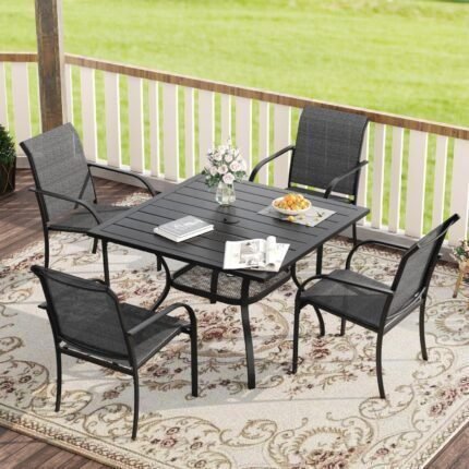 5 Pieces Patio Dining Set, Outdoor Furniture Set includes 1 Square Patio Table and 4 Stackable Patio Sling Chairs