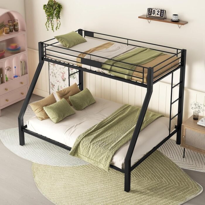 Twin Over Queen Size Metal Bunk Bed for Adults,Heavy-Duty Bunk Bed with 2 Ladders