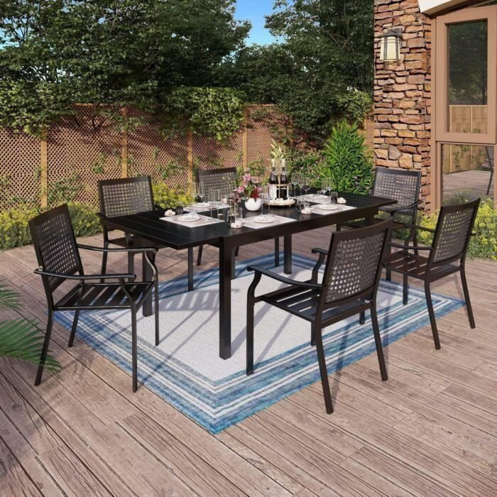 7 Pieces Metal Patio Dining Set,1 Expandable Outdoor Steel Frame Slat Larger Rectangular Table