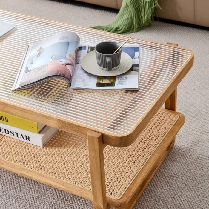 LKTART Modern Imitation Rattan Coffee Table Rectangular 2-Tier Solid Wood Glass Table