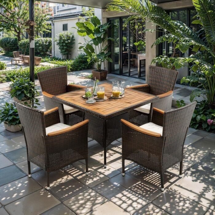 5 piece Patio Wicker Dining Sets for 4, Water-Resistant Rattan outdoor dining Table and 4 Chairs with Wood Table Top