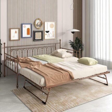 Metal Day Bed with Trundle Bed Twin Daybed with Trundle Twin Size, Space Saving Daybed with Pop Up Trundle Bed Frame