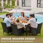 Dining 7 PCS Furniture, Patio Conversation Set with Acacia Wood Table Top, Rattan Outdoor, Black  Patio