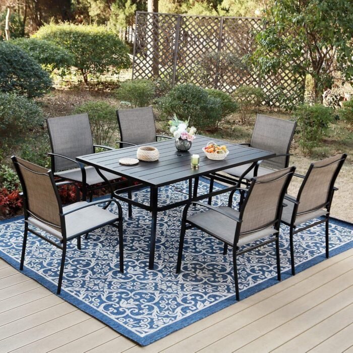 Dining Set 7 Piece Outdoor Furniture Set with 6 Brown Textilene Chairs and Metal Rectangular Table for Deck Garden Backyard Lawn Poolside  Patio