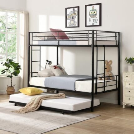 Twin Over Twin Bunk Bed with Trundle for Boys/Girls/Teens/Kids Bedroom, Metal Bedframe w/Guardrail & Ladder for Adult