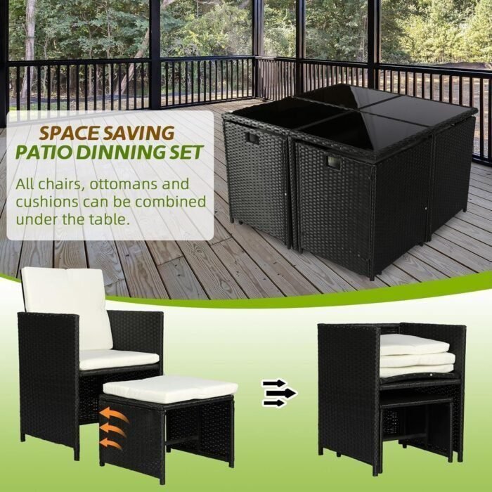 9 Pieces Patio Dining Sets Outdoor Conversation Sets, Space Saving Wicker Chairs with Glass Table and Ottomans