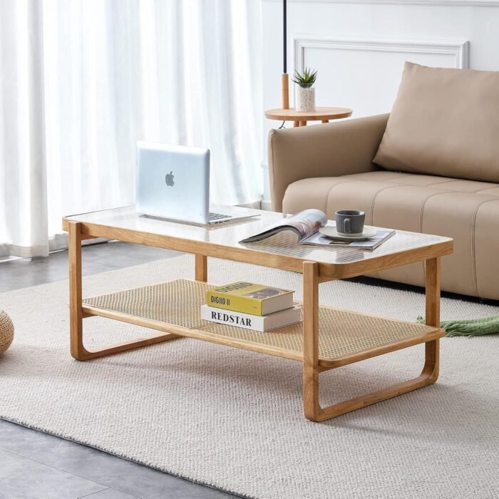 LKTART Modern Imitation Rattan Coffee Table Rectangular 2-Tier Solid Wood Glass Table