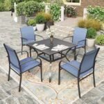 5 Pieces Patio Dining Set, Outdoor Table and Chairs Set for 4, 4 x Blue Textilene Dining Chair, 37" Square Metal Dining Table