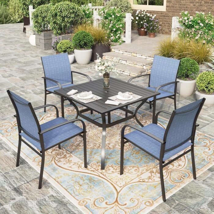 5 Pieces Patio Dining Set, Outdoor Table and Chairs Set for 4, 4 x Blue Textilene Dining Chair, 37" Square Metal Dining Table