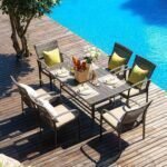 7 Piece, Outdoor Wicker Furniture Set for Backyard Garden Deck Poolside/Iron Slats Table Top, Removable Cushions