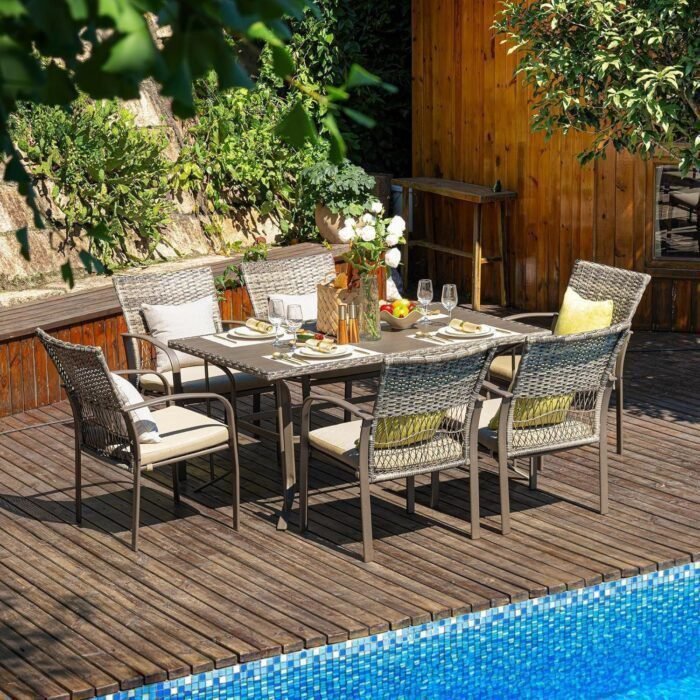 7 Piece, Outdoor Wicker Furniture Set for Backyard Garden Deck Poolside/Iron Slats Table Top, Removable Cushions